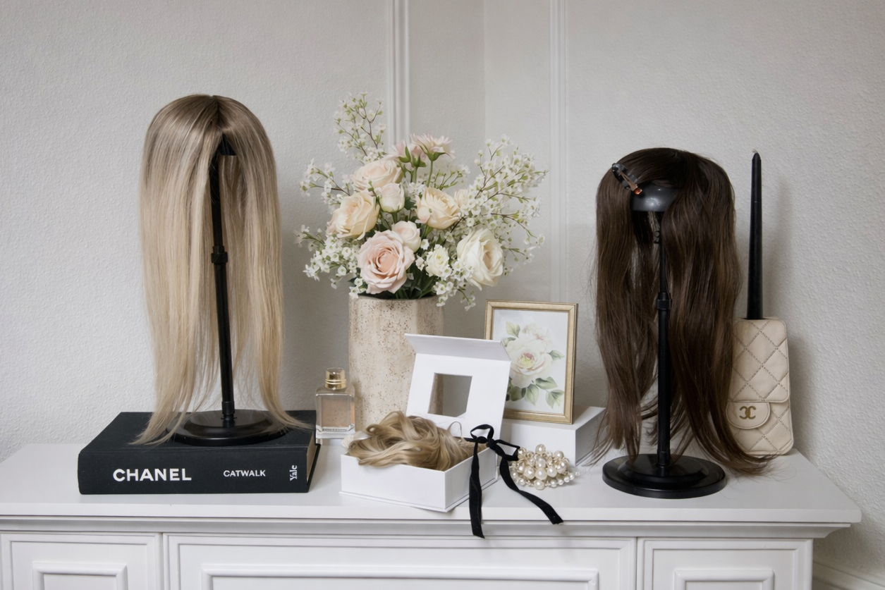 Two wigs on mannequins with a Chanel box and decorative items on a white surface.